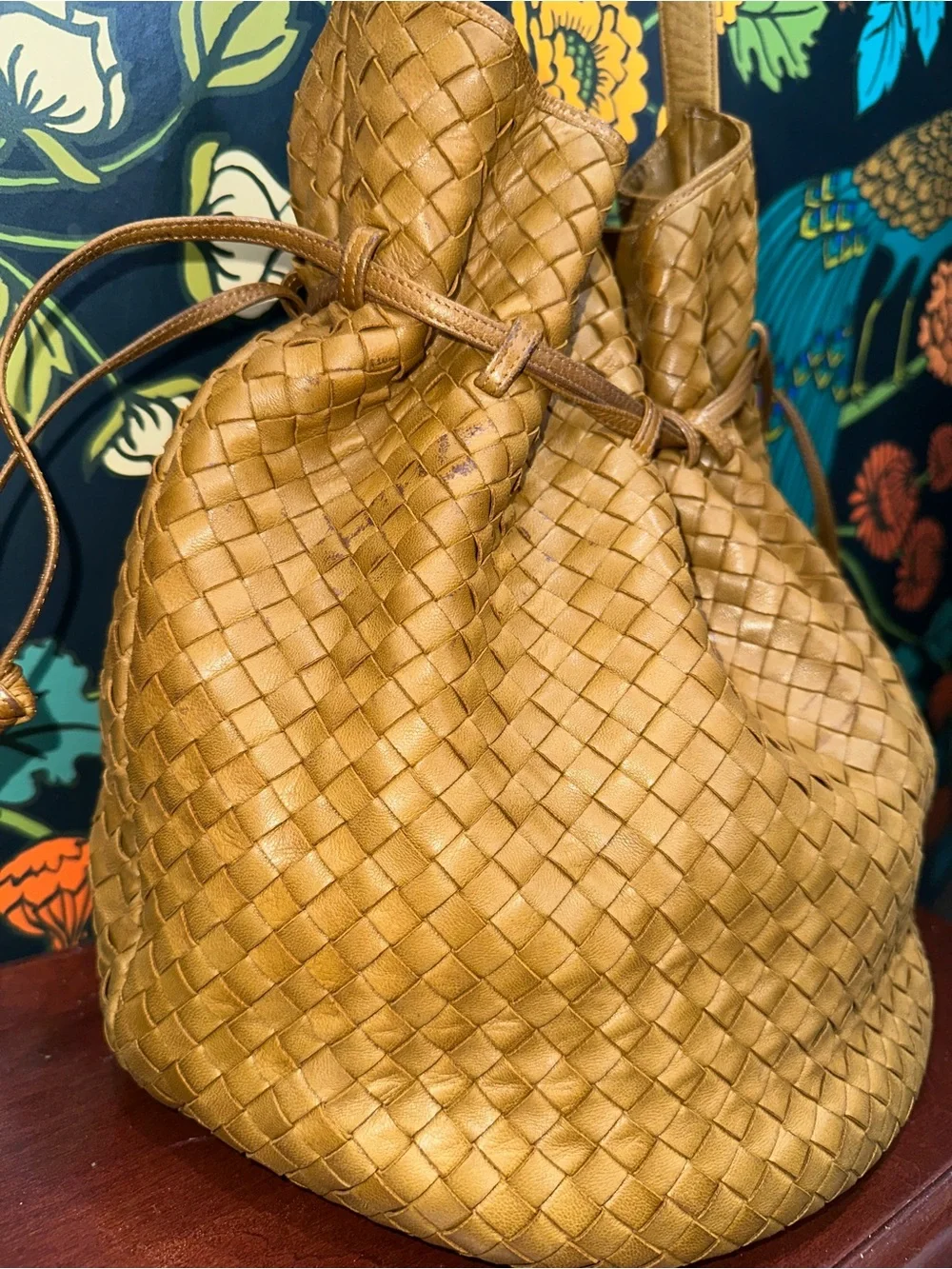 Vintage Bally International Woven Leather Drawstring Bucket Bag Lambskin Italy
